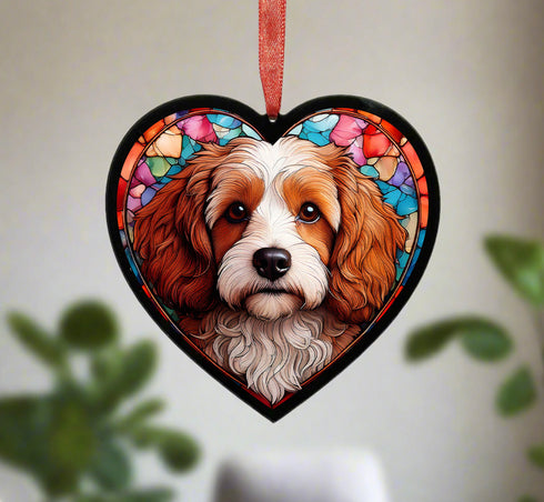 Cavapoo Brown & White Stained Glass Effect Heart Suncatcher